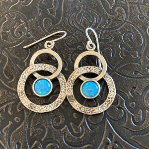 Textured Silver and Blue Opal Circle Earrings